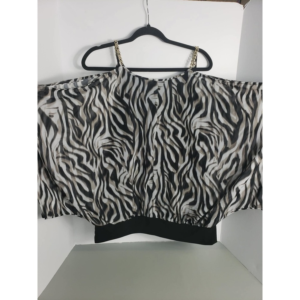 JLO Jennifer Lopez Zebra Print Cold Shoulder‎ Chain Strap Blouse Black Tan White